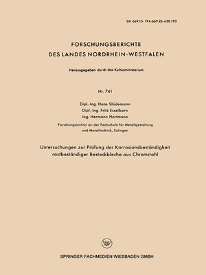cover image of Untersuchungen zur Prüfung der Korrosionsbeständigkeit rostbeständiger Besteckbleche aus Chromstahl
